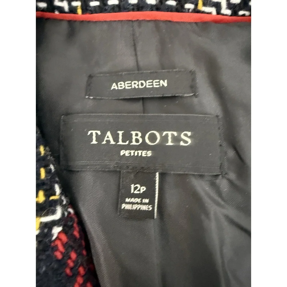 Talbots Aberdeen Plaid Tweed Wool Blend Black‎ Red Blazer Womens Size 12P Petite